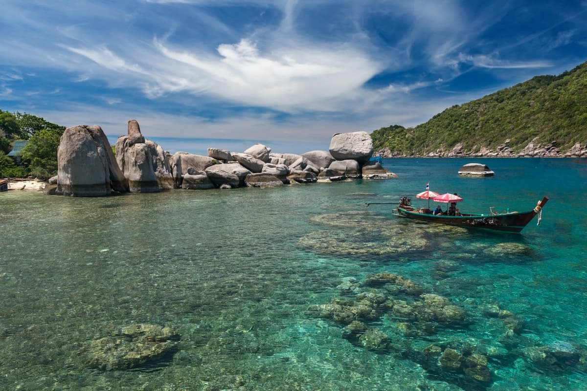 Beachfront with palm shelter and boats.