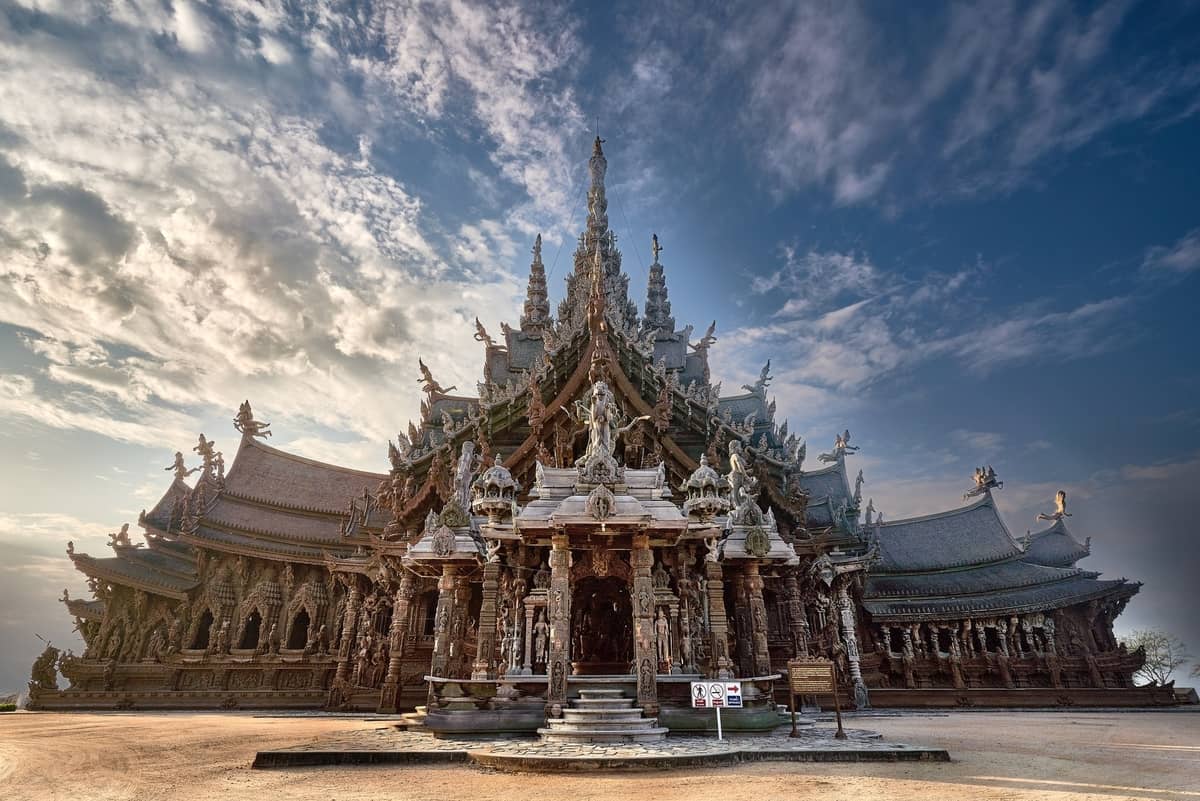 Intricately designed temple with blue sky in Pattaya