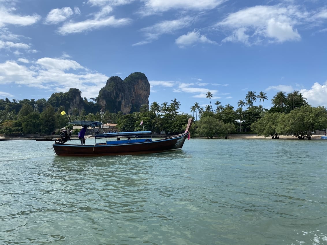 Limestone cliffs in ocean with greenery.