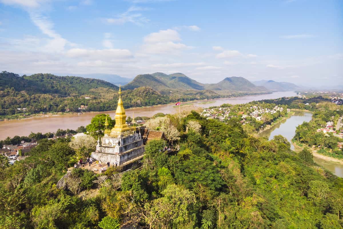 Aerial view of tropical bay and cliffs. Luang Prabang Laos