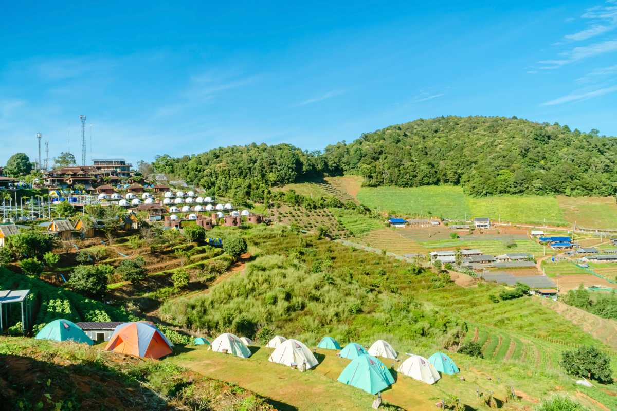 Scenic hilltop view of greenery. Camping in Mon Jam Chiang Mai Thailand