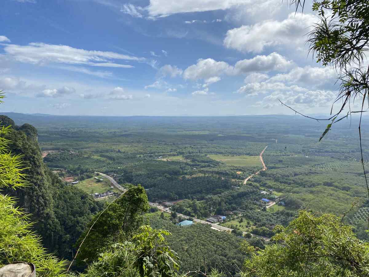 A scenic overlook with a panoramic view of a lush green landscape and a winding river.