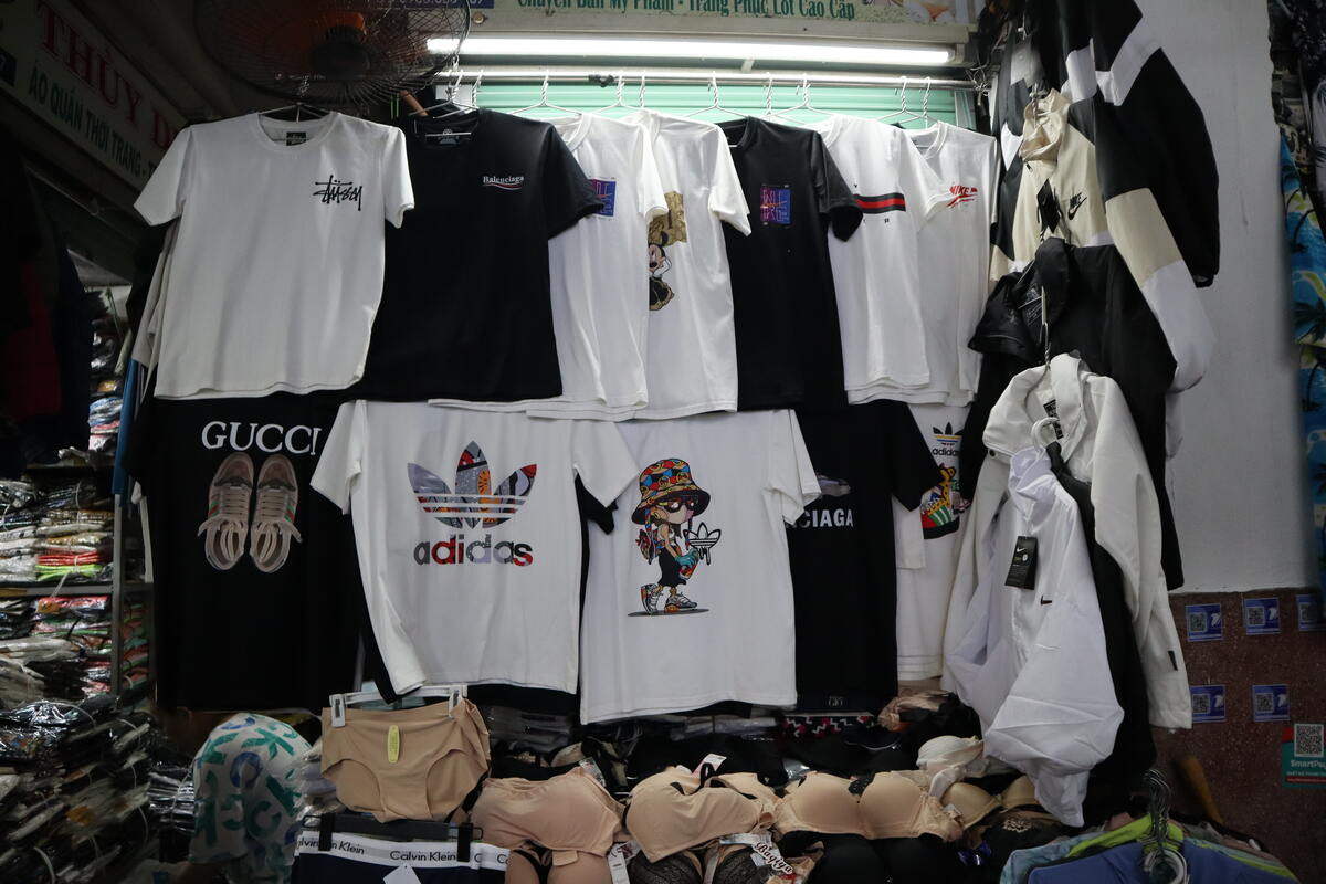 Souvenir shirts with cultural prints.