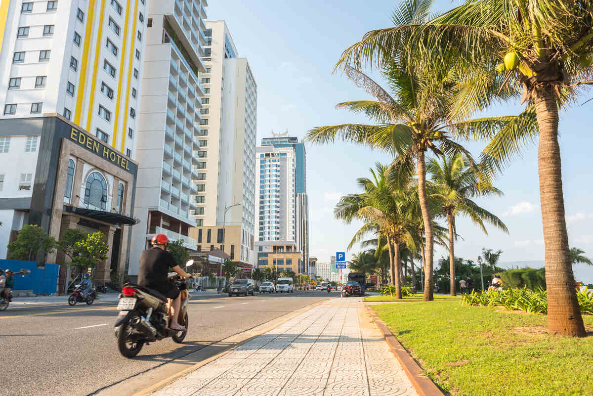 High-rise buildings and palm trees.