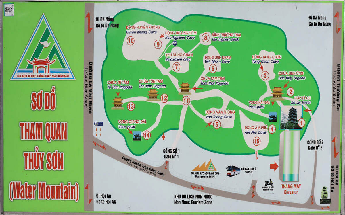 Map showing points of interest inside the marble mountains.