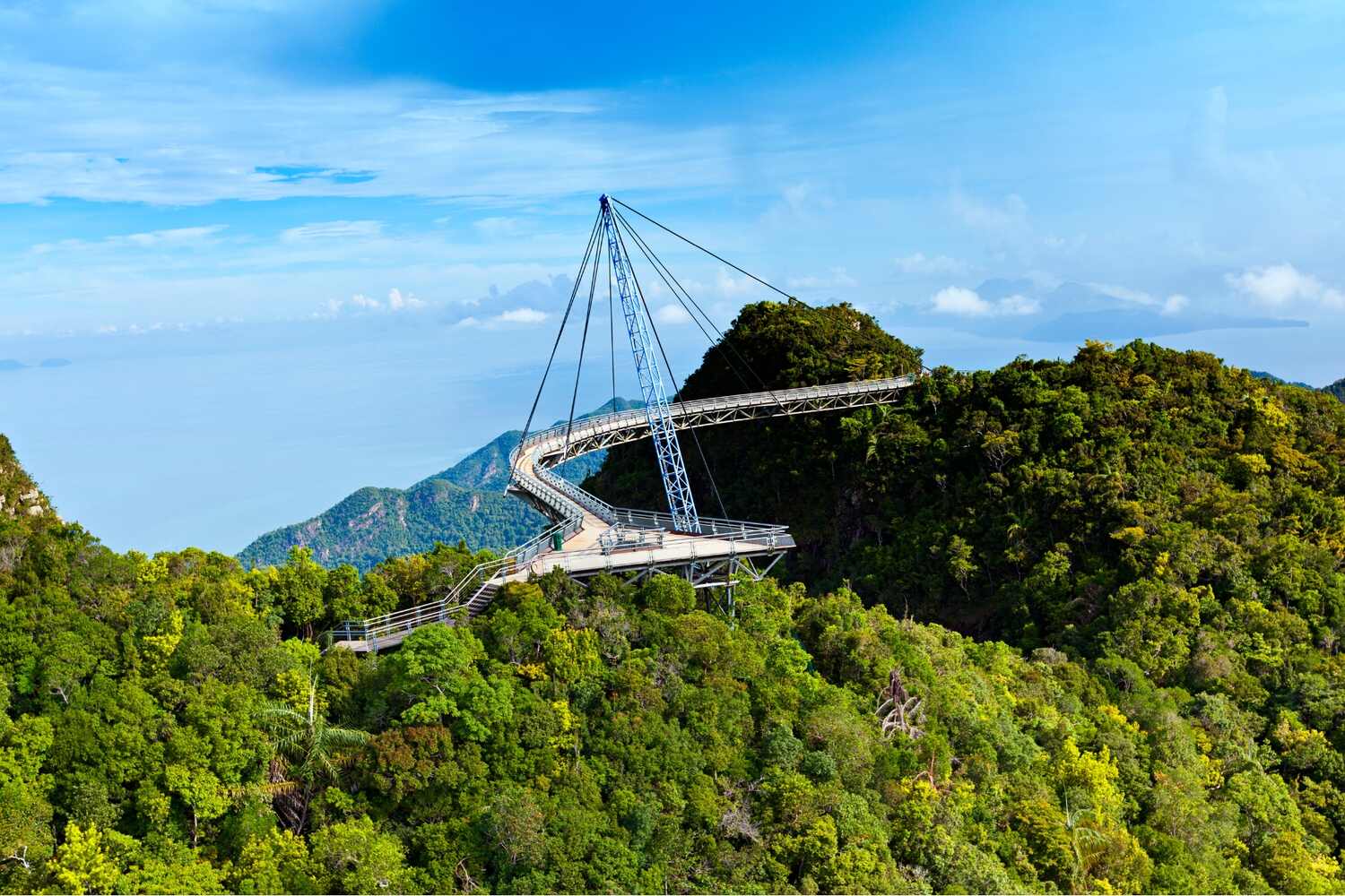 Suspension bridge over a lush green gorge.