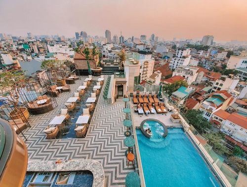 Luxury hotel from above with a pool