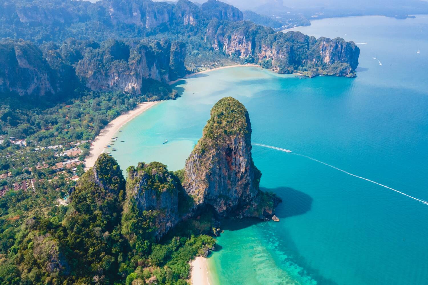 Limestone cliffs from above on clear water in Krabi